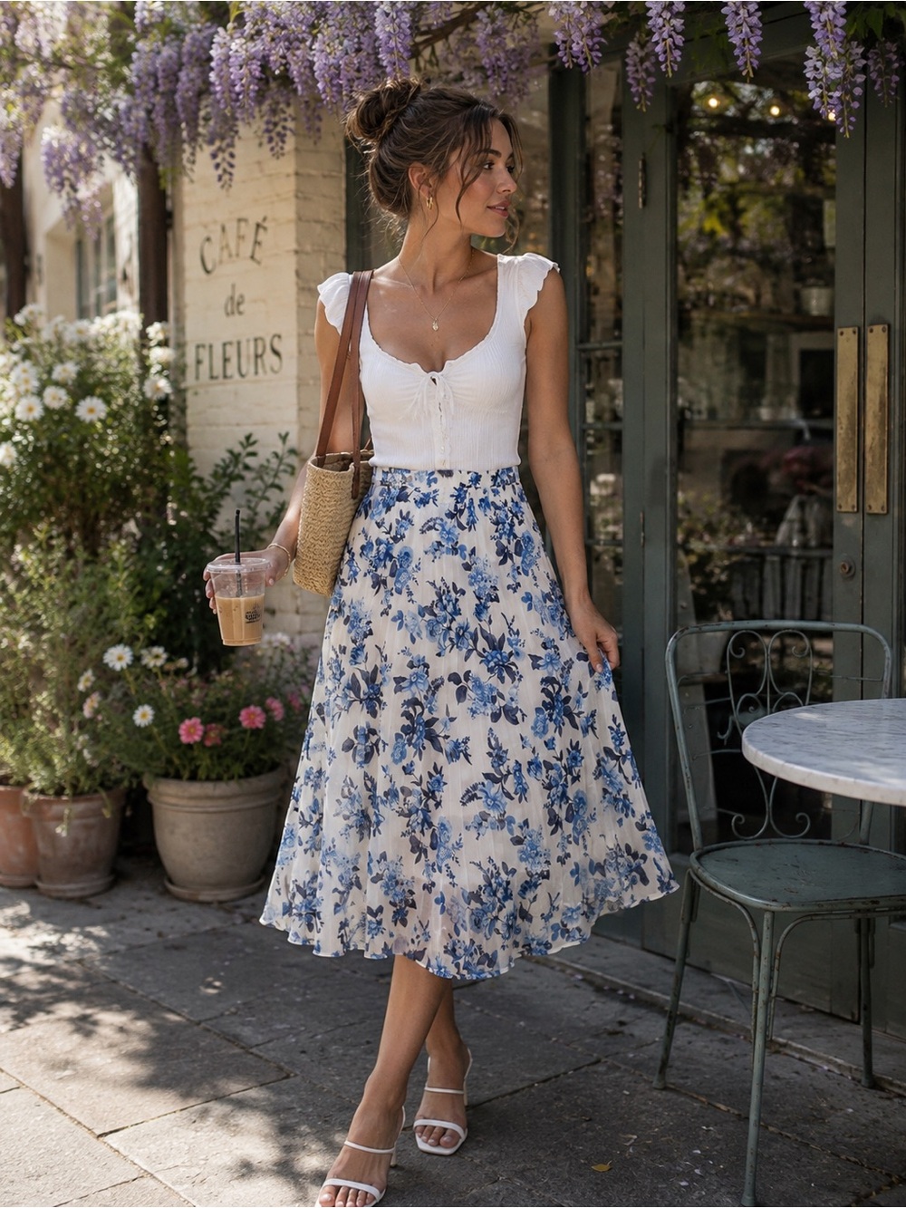 Versona White A-Line Skirt with Blue Floral Print